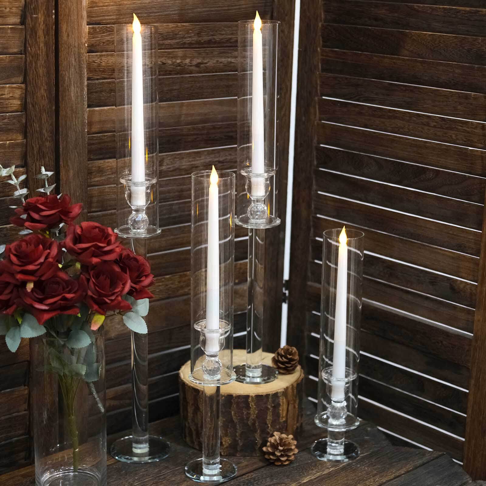 Set of 4 Clear Crystal Glass Hurricane Taper Candle Holders With Tall Cylinder Chimney Tubes 14