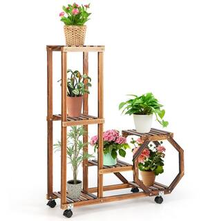 Costway 6-Tier 6 Potted Rolling Plant Stand Wooden Storage Display Shelf Rack with Wheels HZ-10N083WF