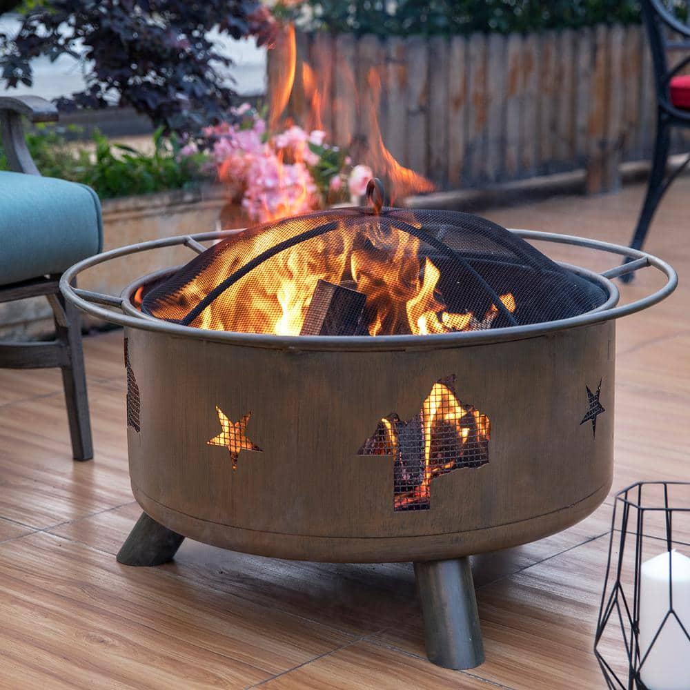 Nuu Garden 30 in Steel Round Fire Pit with PokerCoverCooking Grate in Camping Brown