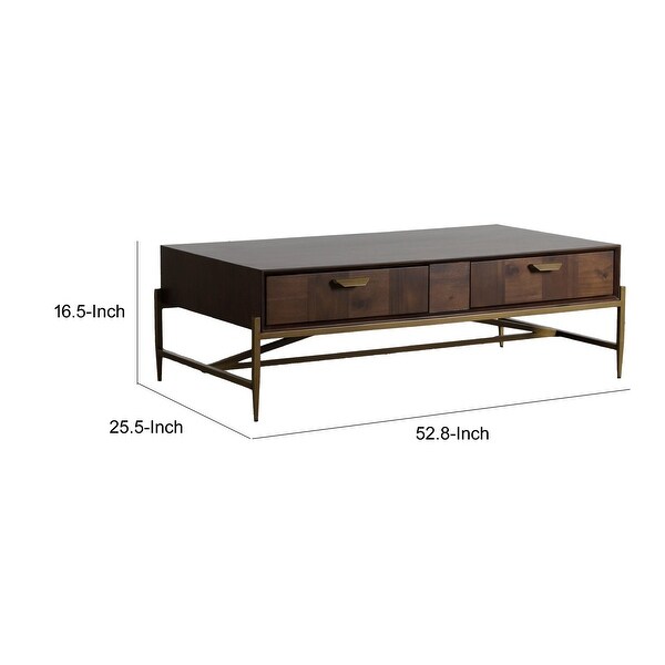 Cid 53 Inch Modern Coffee Table， Acacia Wood， 2 Drawer， Beveled Edge， Brown