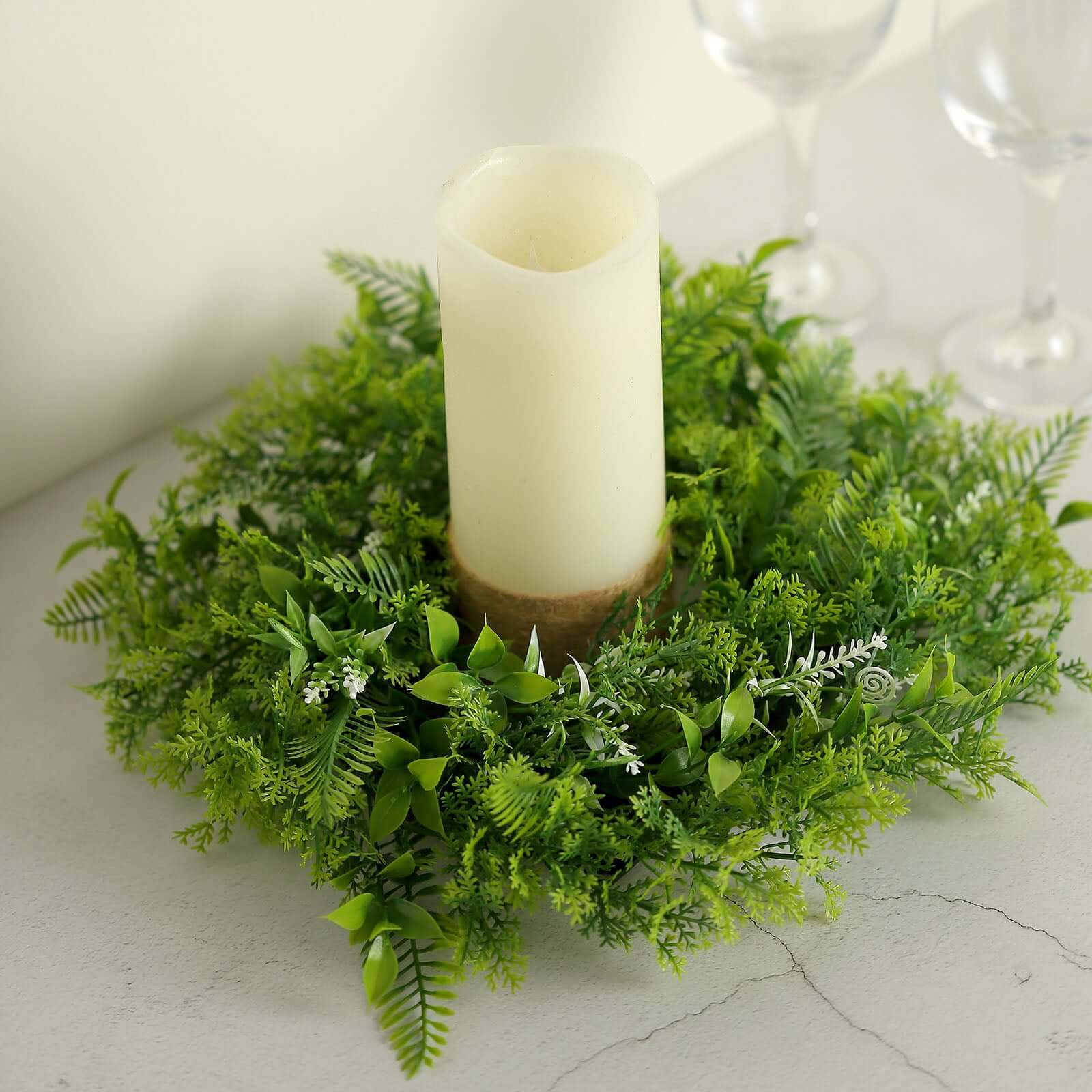 2 Pack Green Artificial Fern Leaf Mix Pillar Candle Ring Wreaths 4