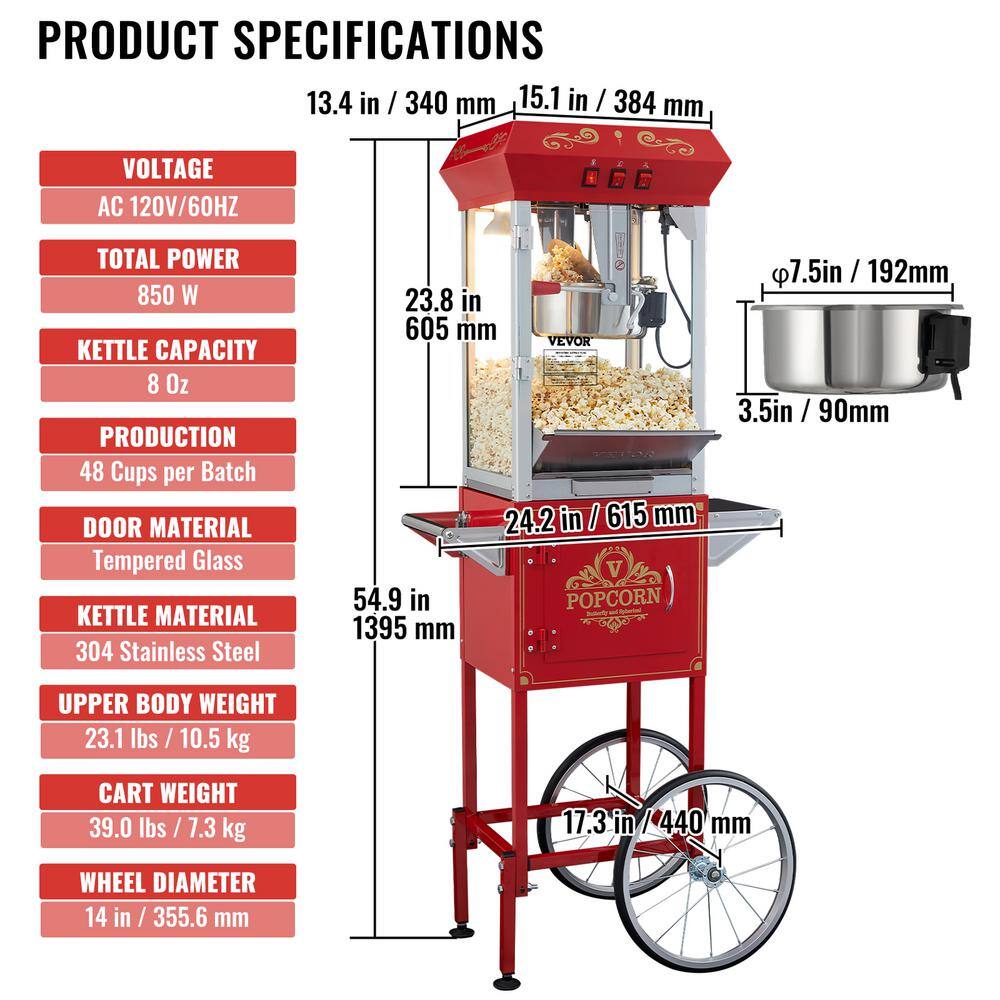 VEVOR 850-Watt 8 oz. Red Popcorn Maker on Wheels Kettle Commercial Popcorn Machine with 3-Switch Control CSBMHJ8OZ850W171EV1