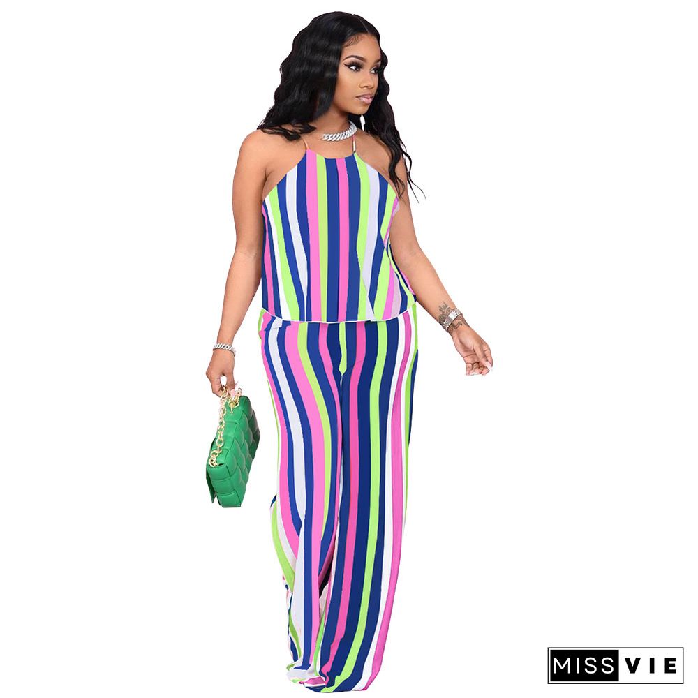 Fashion Color Striped Printing Women Plus Size Halter Sleeveless Crop Tops Loose Pants Summer 2 Piece Set