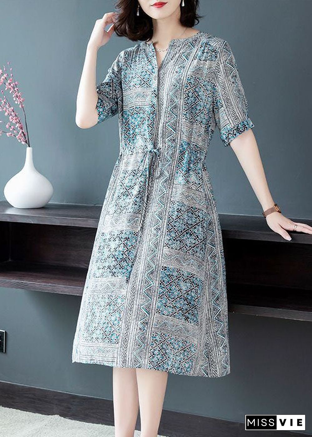 Art Blue Cinched Print Silk Shirt Dresses Summer