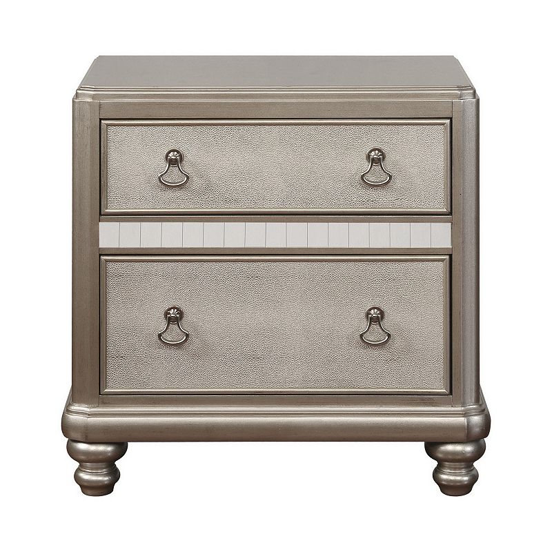 Mirror Trim Accented Nightstand with Two Drawers and Turned Legs， Silver