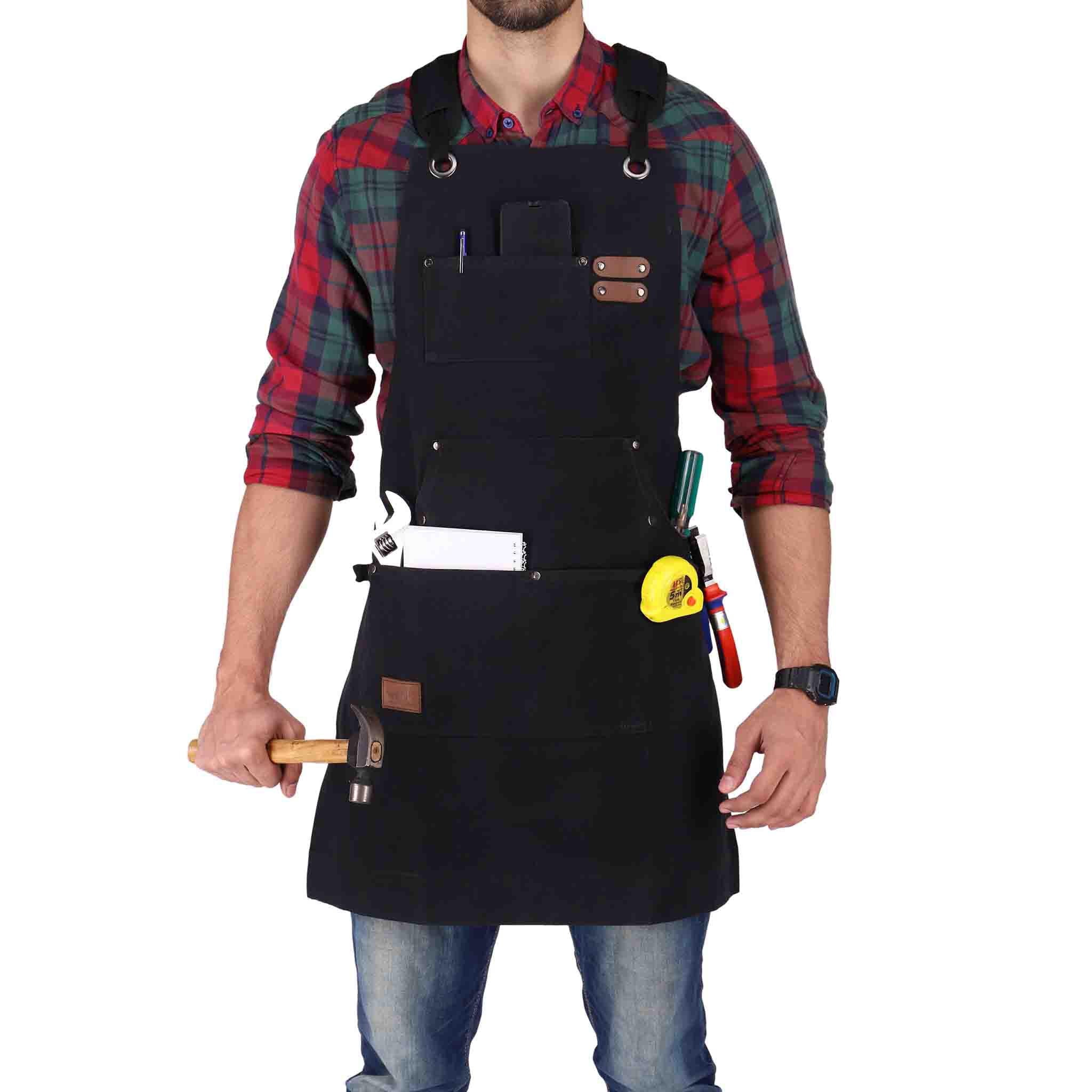 WHITEDUCK Canvas Work Apron for Men- Black- Woodworking Apron 24oz with 7 Pockets & Cross Back Straps- Workshop, Mechanic, Carpenter