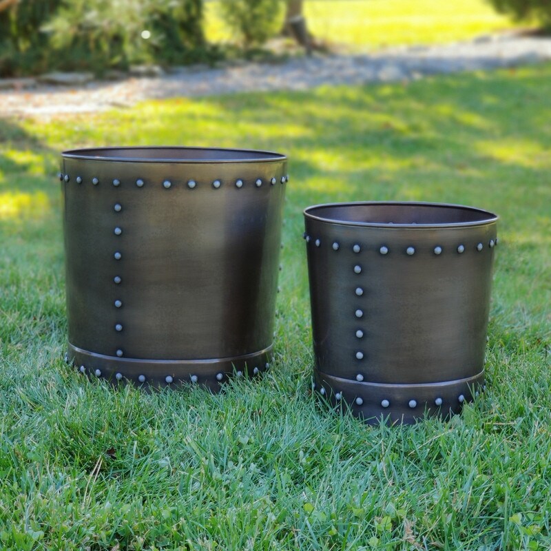 Unique Large Riveted Bronze Planter Set of 2 for Outdoor or Indoor Use  Garden  Deck  and Patio