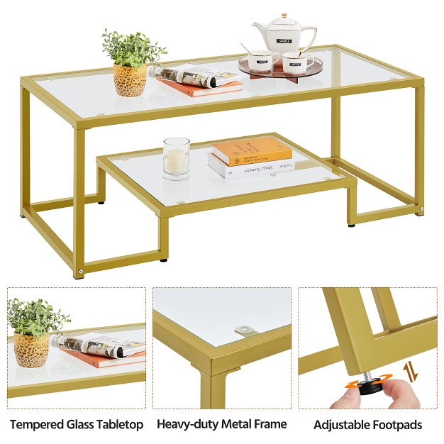 Yaheetech Modern Tempered Glass Coffee Table With Open Shelf For Living Room Gold