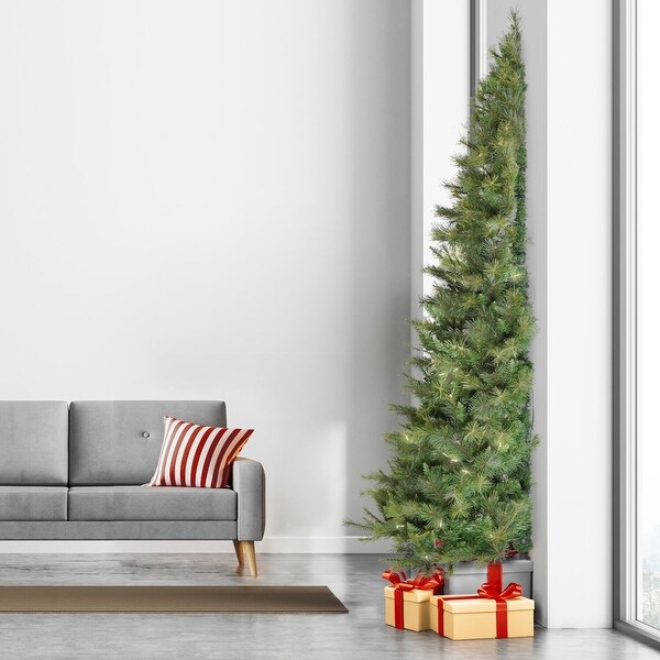 Fraser Hill Farm 7.5Ft. PreLit Half Wall Green Christmas Tree，Warm White LED Lights