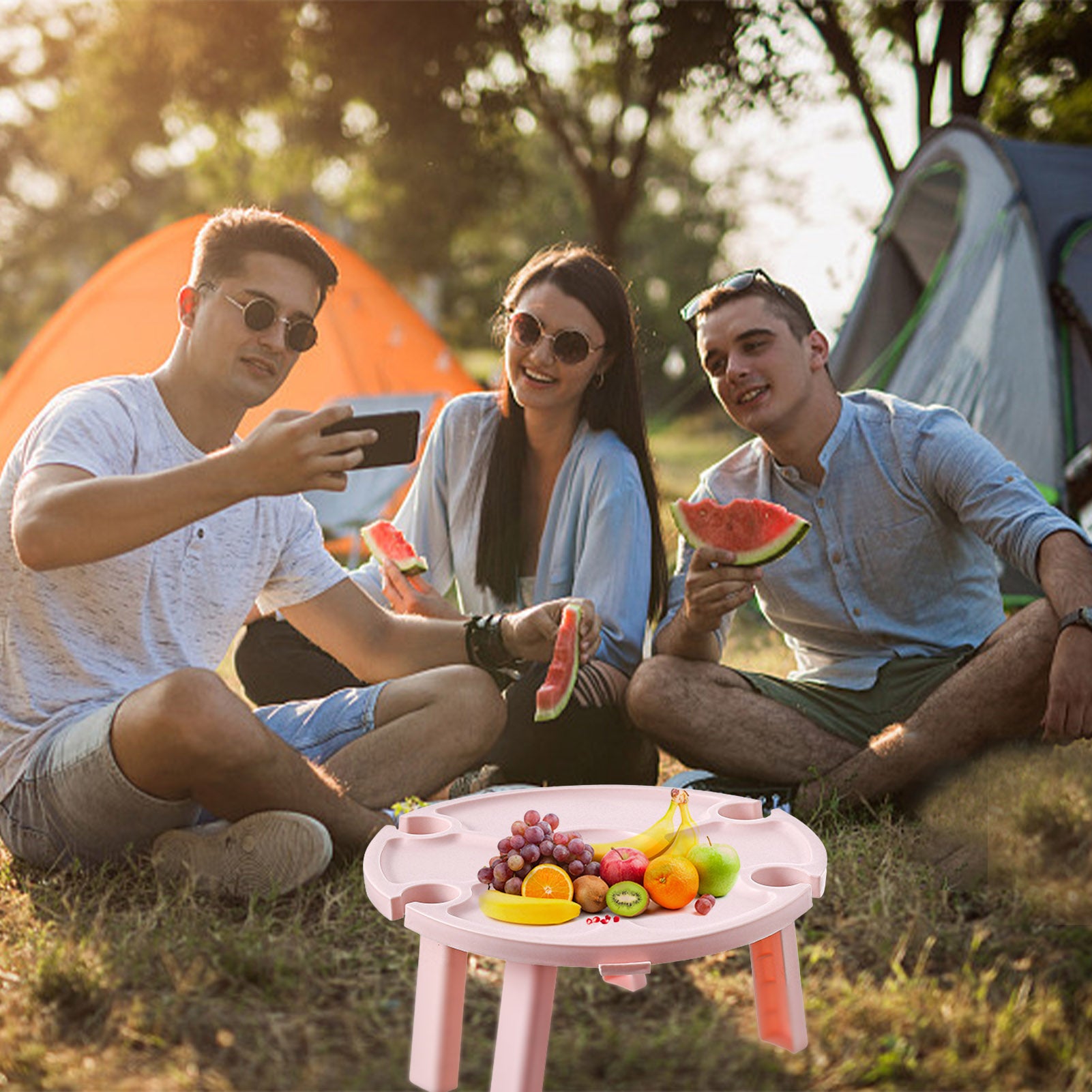 Catinbow Folding Picnic Table， Outdoor Wine Table Folding Picnic Desk， White Pink Portable Small Picnic Desk， Round Wine Glass Rack Cheese Holder Tray for Camping