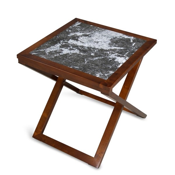 Sleeplanner Natural Marble Gold Brown Solid Wood Base X-End Table