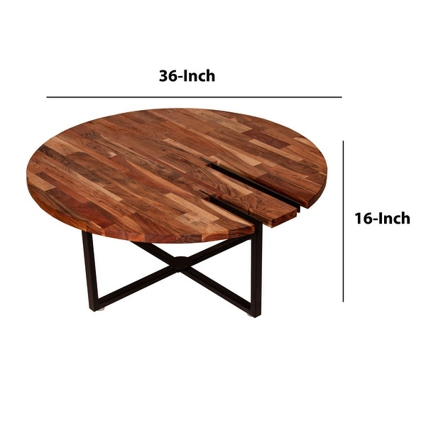 Peter 35 Inch Round Coffee Table， Solid Acacia Wood Tabletop， Steel Frame， Brown， Black