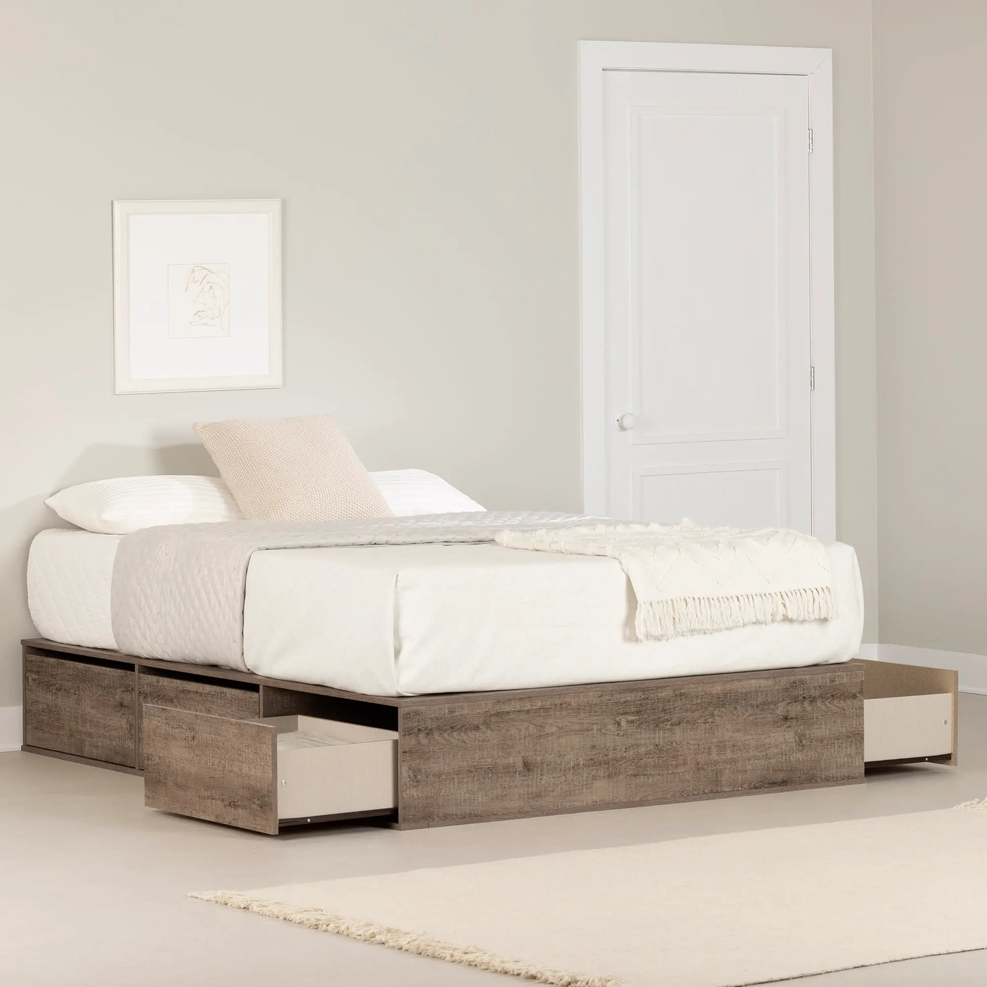 Fusion Weathered Oak Queen Platform Bed with Six Drawers for Storage - South Shore