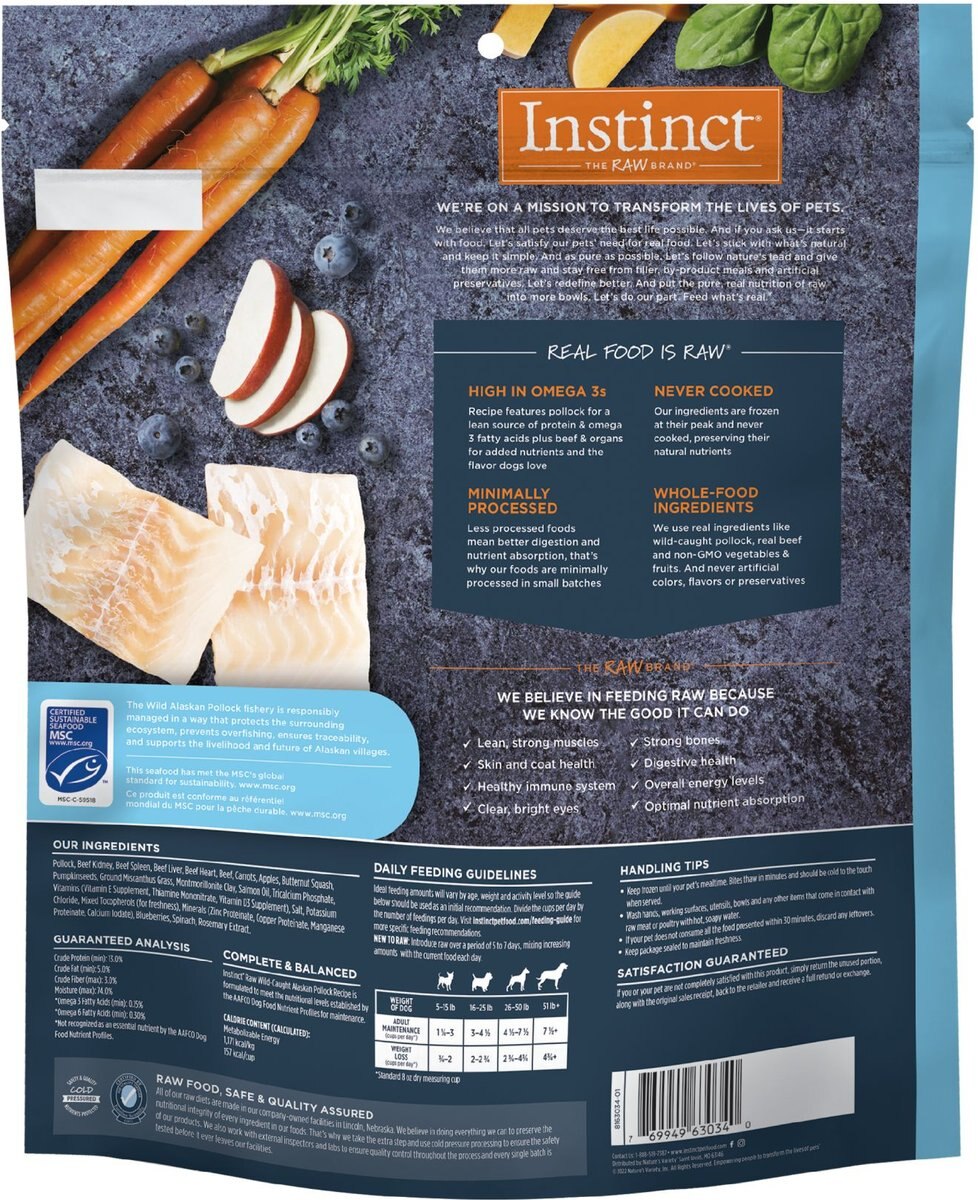 Instinct Frozen Raw Bites Grain-Free Wild-Caught Alaskan Pollock Recipe Fresh Dog Food， 5.4-lb bag