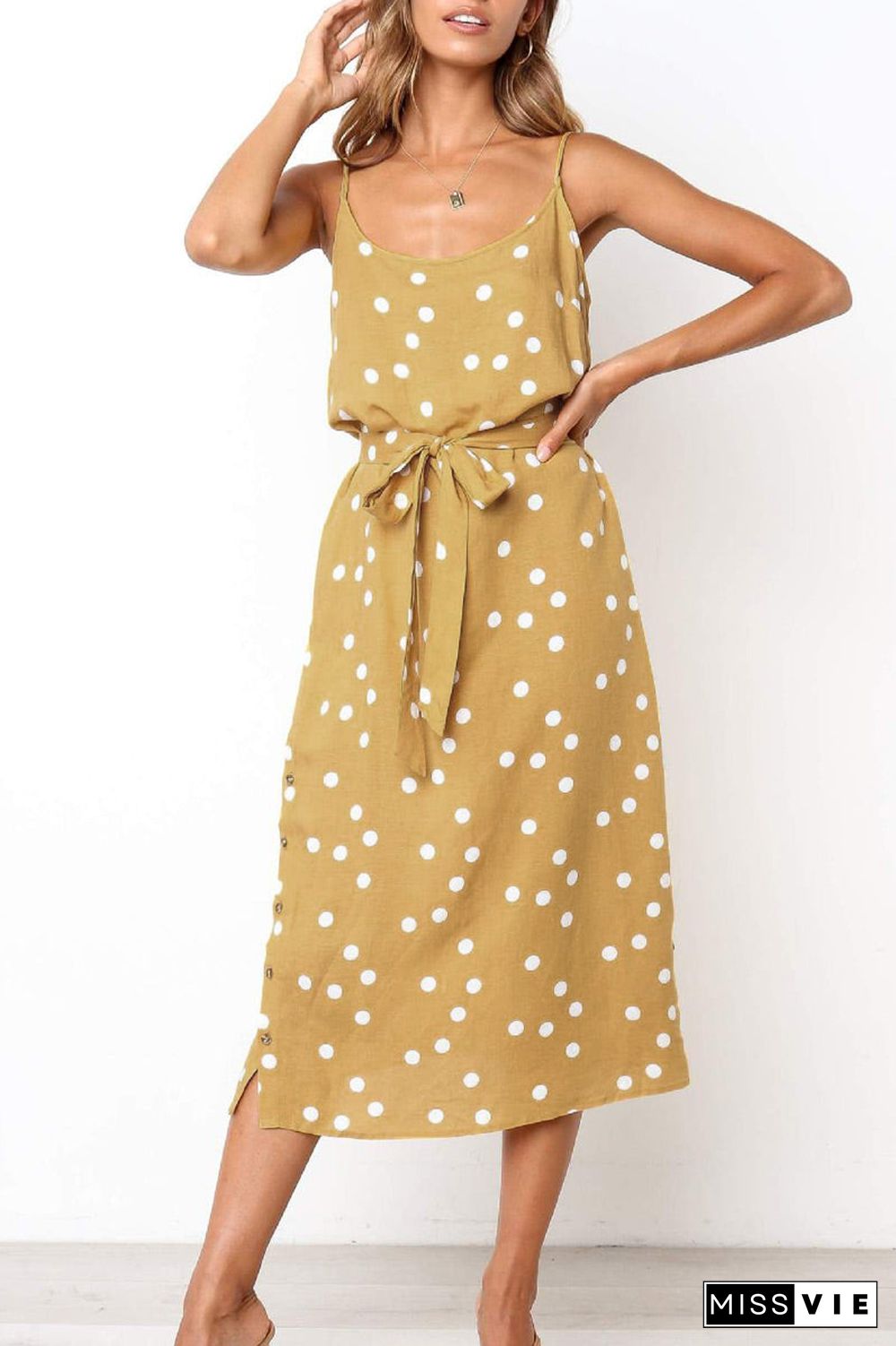 Fashion Casual Dot Split Joint Spaghetti Strap A Line Dresses