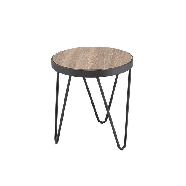 Industrial Style Bage Round End Table in Weathered Gray Oak and Metal