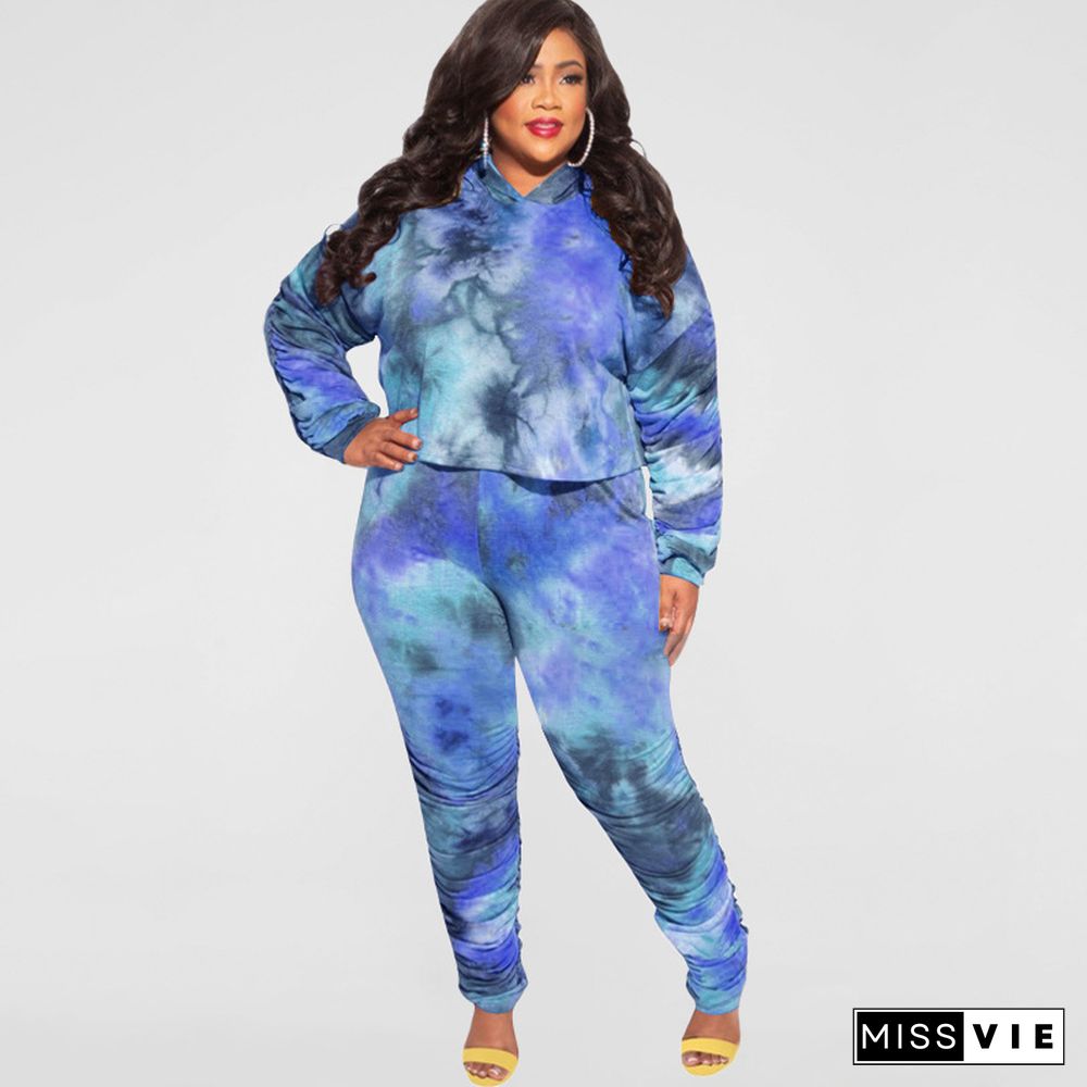 Plus Size Tie Dye Hooded Top Pleated Pants Set