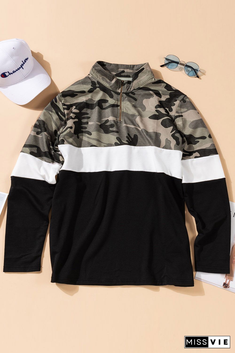 Plus Size Quarter Zip Camo Color Block Sweatshirt