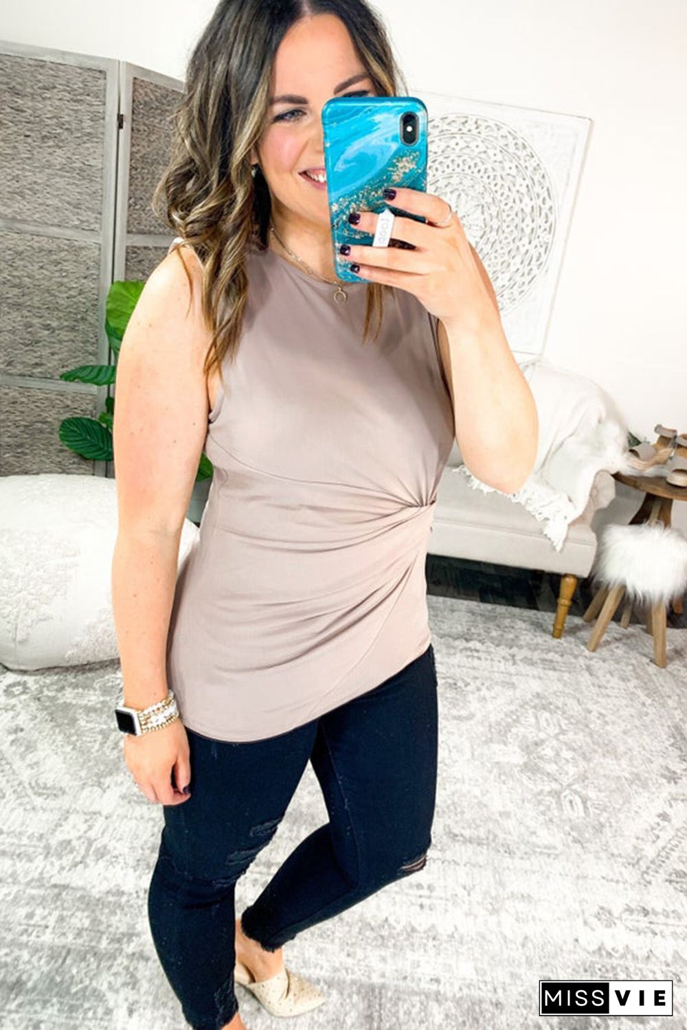 Apricot Twist Front Knot Plus Size Tank Top