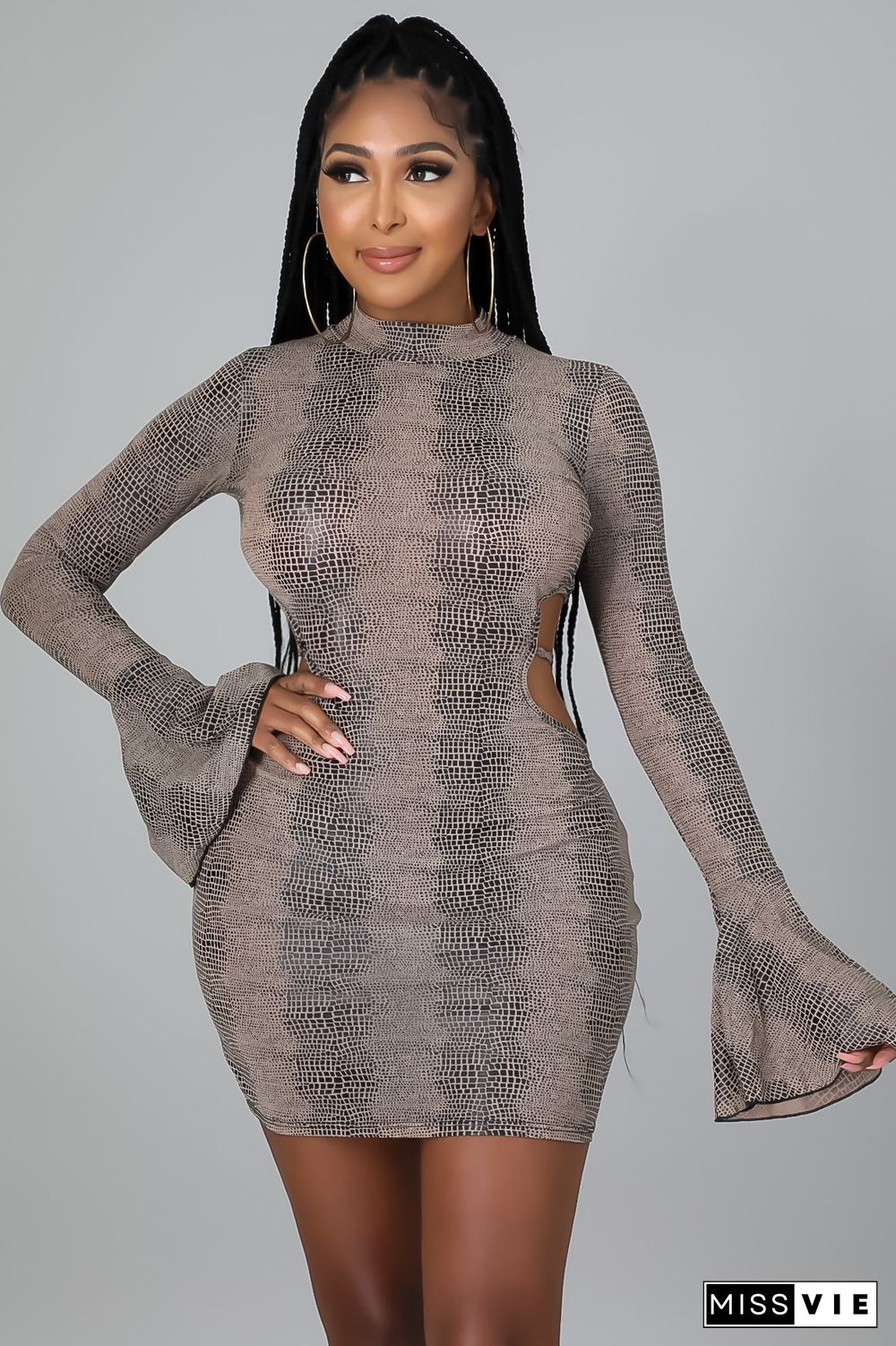 Snake Print Backless Bandage Flare Sleeve Dress