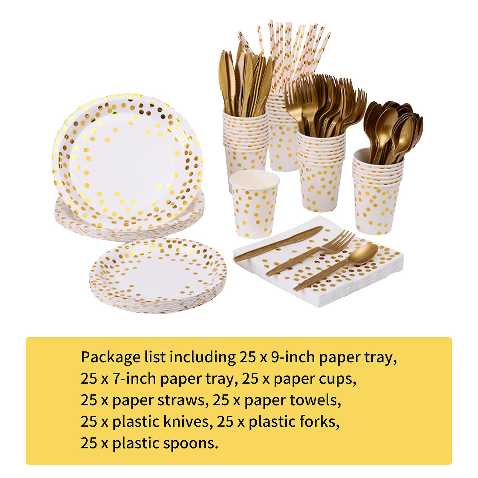 Disposable Tableware Set For 25 Guests Disposable Paper Birthday Dinnerware Plates Forks Knives Spoons Cups Napkins Straws