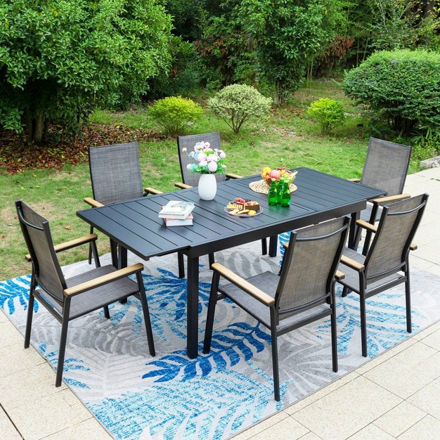 7pc Patio Set With Expandable Table amp Lightweight Aluminum Frame Stackable Sling Chairs Captiva Designs