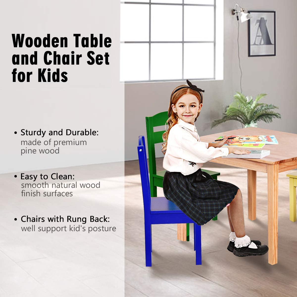 Kids Table and Chair Set, 5 Piece Wood Activity Table & Chairs for Children Arts Crafts