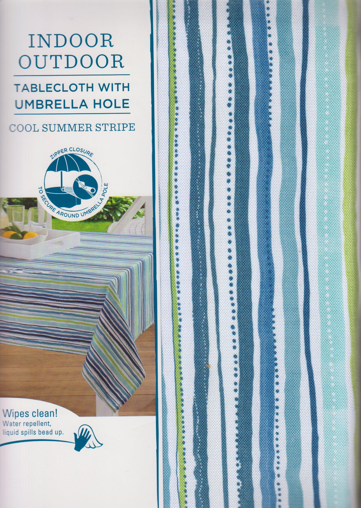 Table Trends Umbrella Tablecloth with Hole and Zipper Cool Summer Blue Stripe Fabric (60 x 120 Rectangle Umbrella)