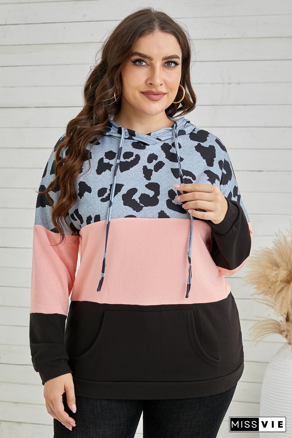 Plus Size Leopard Colorblock Splicing Hoodie with Pocket