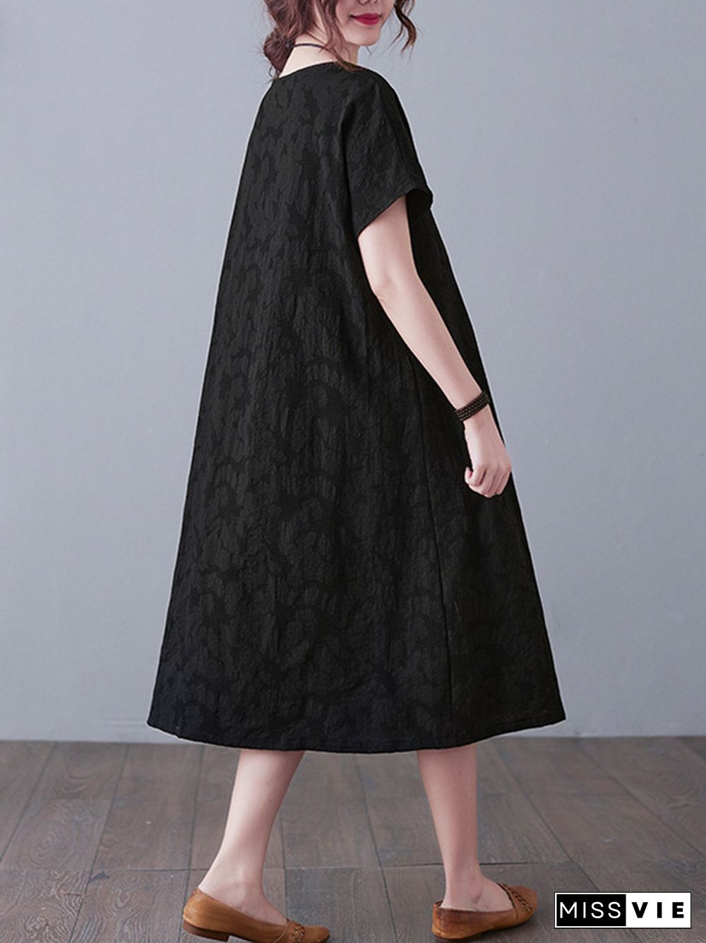 Original Solid Jacquard Short Sleeve Midi Dress