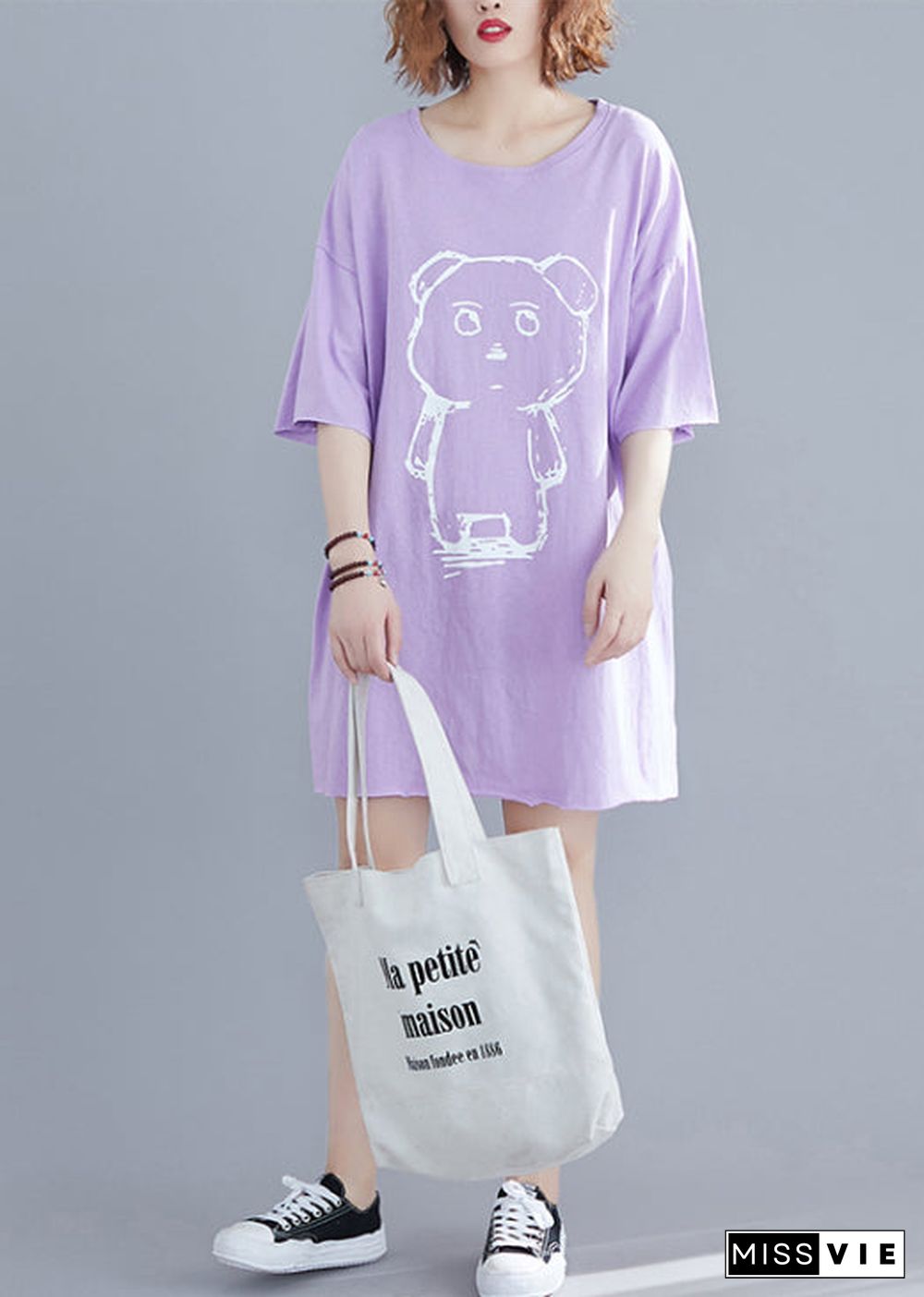 Women Purple Oversized Print Cotton Dresses Summer