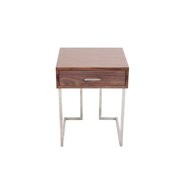 Carson Carrington Siuntio Roman Contemporary Walnut Wood and Stainless Steel End Table with Drawer