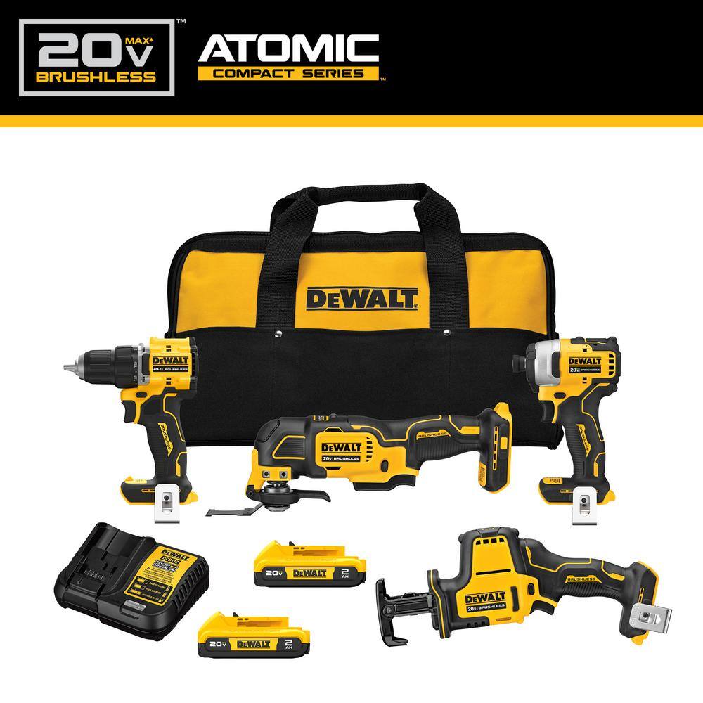 DW ATOMIC 20-Volt Lithium-Ion Cordless Brushless Combo Kit (4-Tool) with (2) 2.0Ah Batteries Charger and Bag DCK486D2