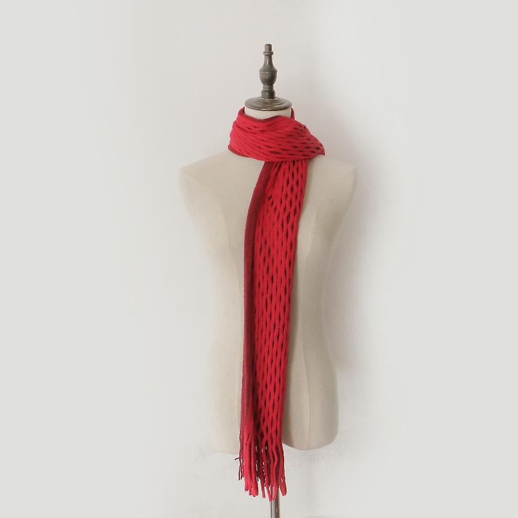 Woman Warm Chic Fringe Scarf Hollow Out Tassels Knitting Knit - Red