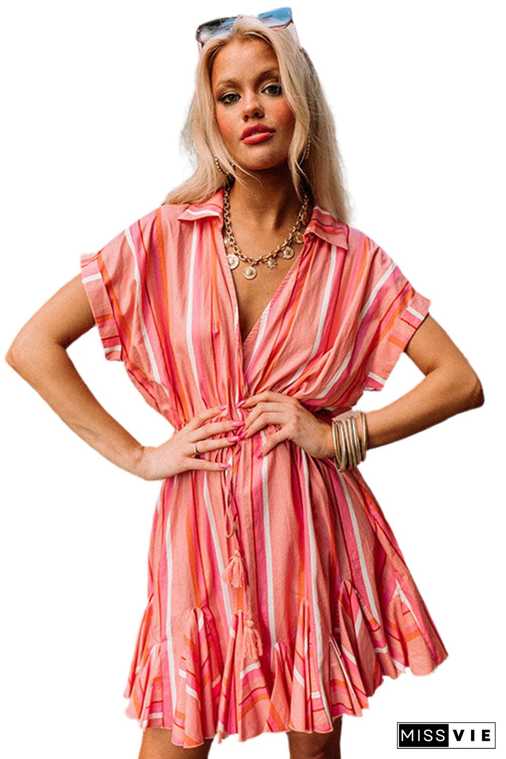 Red Stripe Print Rolled Short Sleeve V Neck Mini Dress