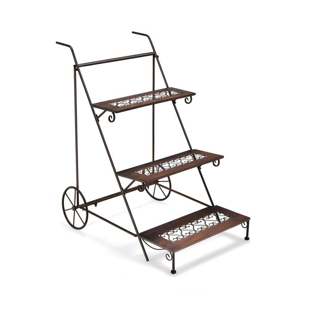 ANGELES HOME 33.5 in. H 3-Tier Metal Plant Stand with Wheels and Handle for Balcony 8CK10TA019