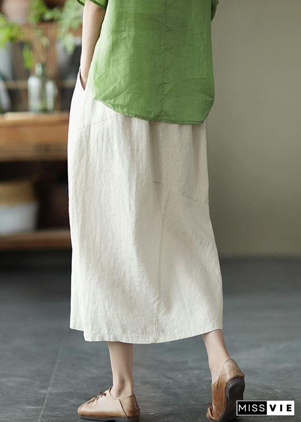 Elegant White Patchwork Pockets A Line Skirts Linen