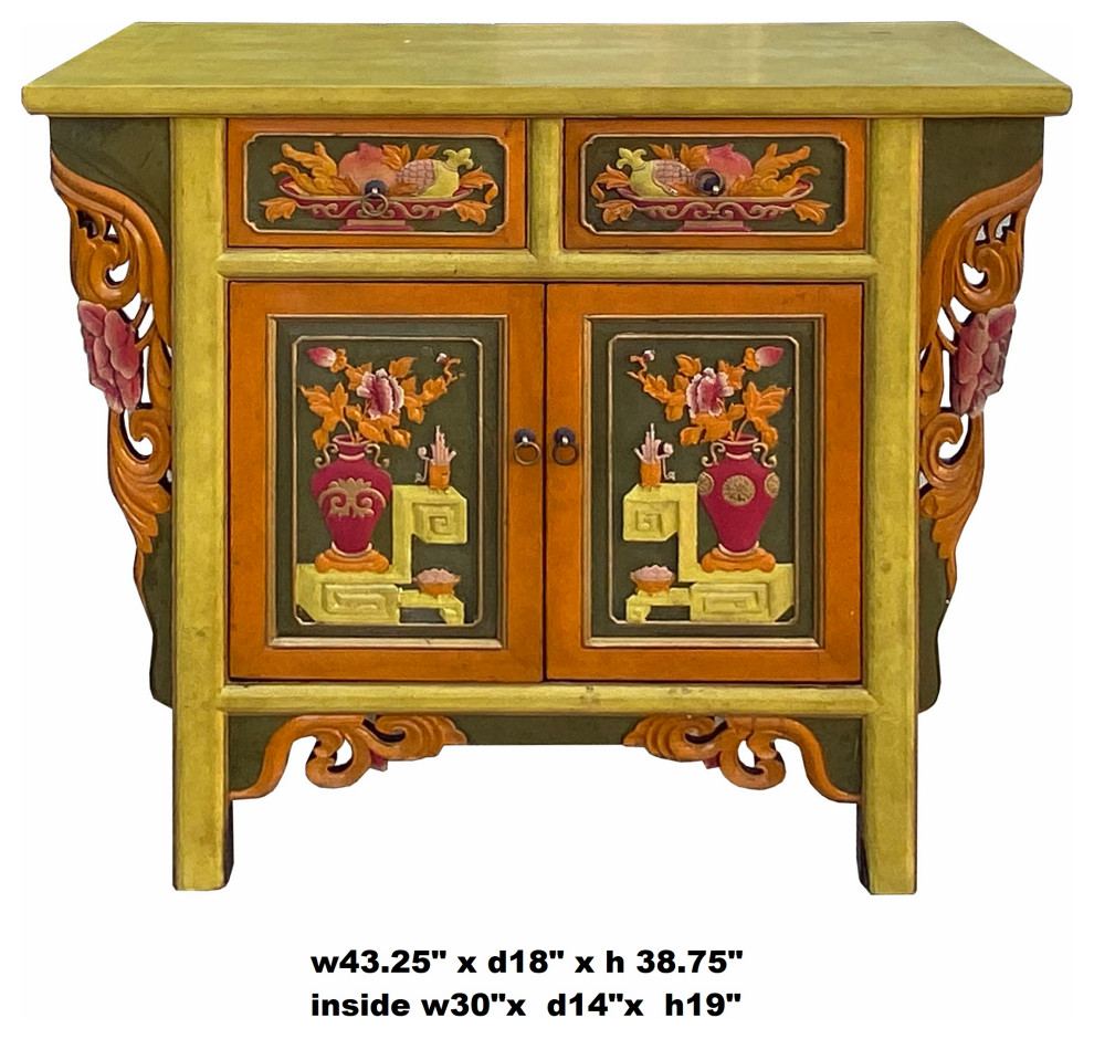 Chinese Distressed Mustard Yellow Orange Flower Carving Table Cabinet Hcs7111   Asian   Side Tables And End Tables   by Golden Lotus Antiques  Houzz