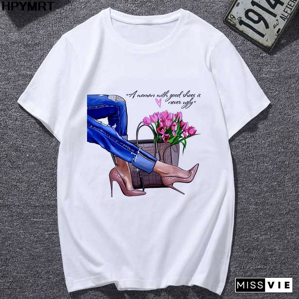 Summer Newest T-Shirts Women Watercolor High Heels Printed Femme T-shirt