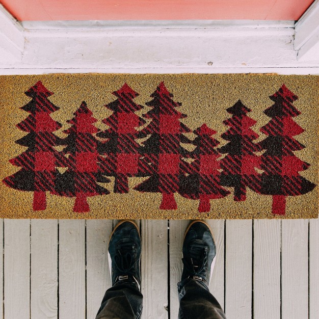 Buffalo Red Black Check Trees Rectangle Indoor And Outdoor Estate Coir Door Welcome Mat On Brown Background