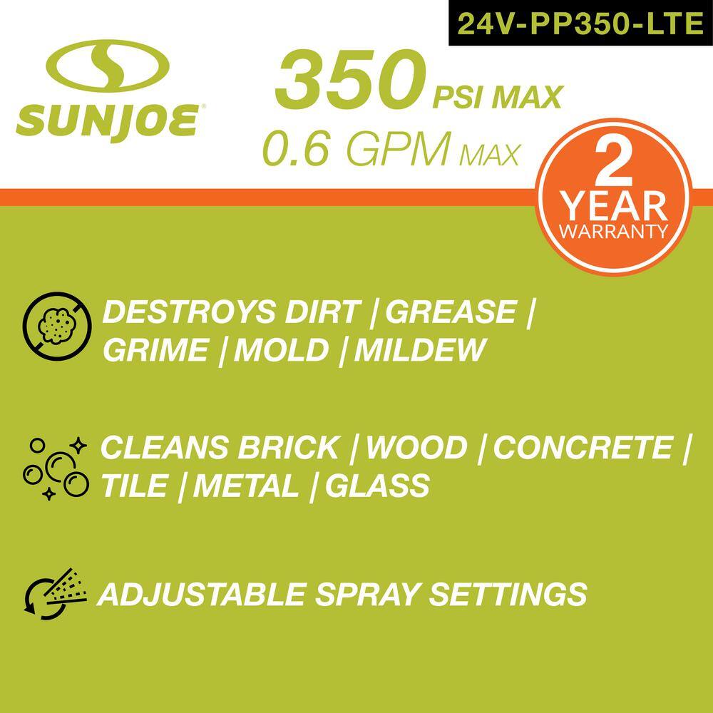 Sun Joe 24V 350 PSI Max 0.6 GPM Cold Water Electric Pressure Washer Kit with 2.0 Ah Battery Plus Charger 24V-PP350-LTE