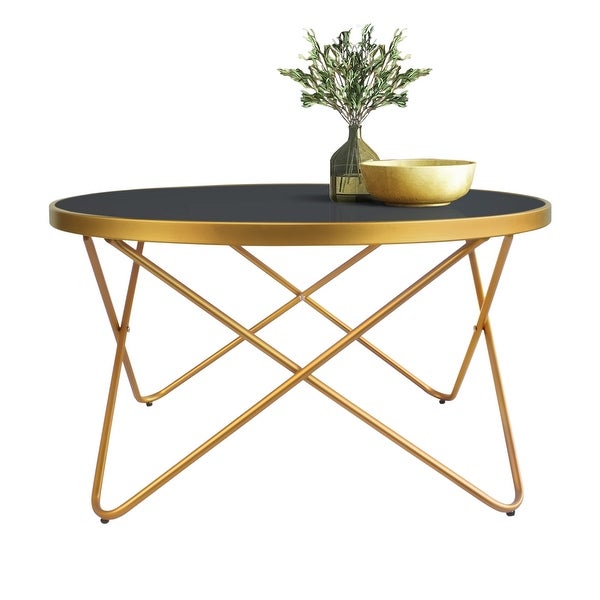 Mid Century Modern Round Gold Coffee Table with Black Glass and Metal Frame Central Table for Living Room Recepetion Room