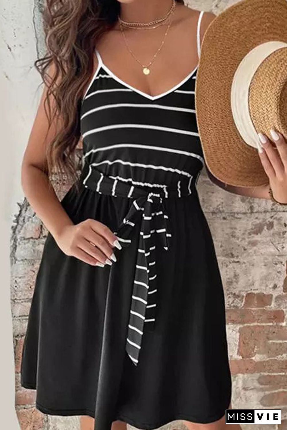 Black Spaghetti Straps Striped Cami Dress with Sash