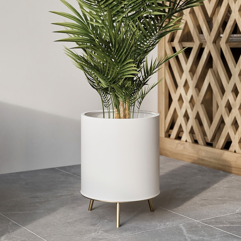 Raya White Mid Century Modern Planter with 3 Leg Metal Base