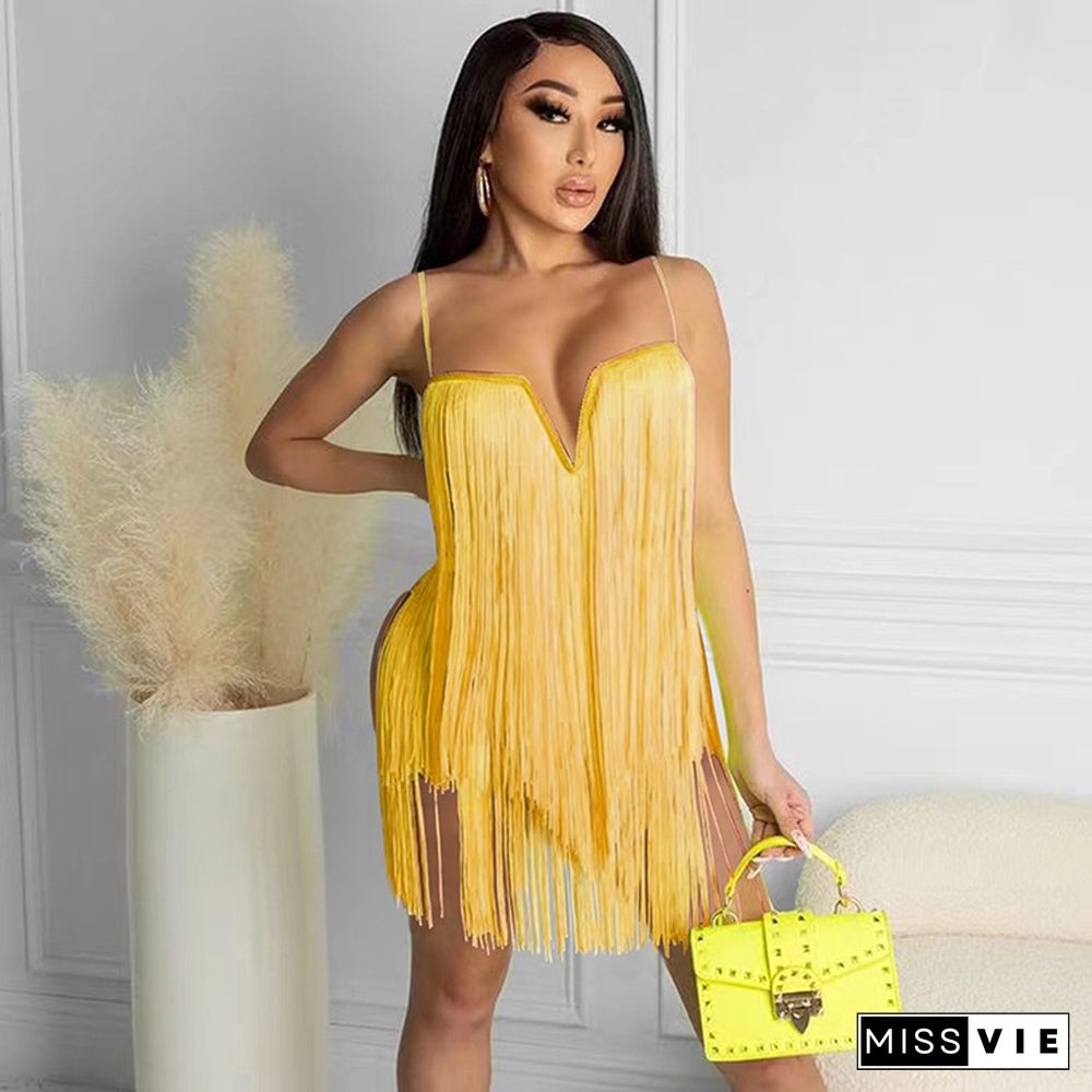 Sexy Solid Color Club Tassel Fringe V Neck Bodycon Mini Dress