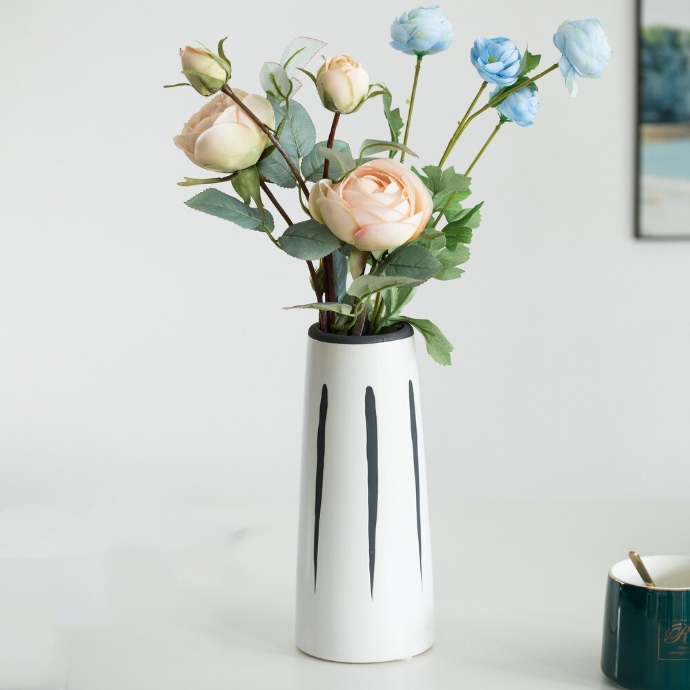 Ceramic Modern Painted Brushstrokes Tapered Flower Table Vase  Black and White