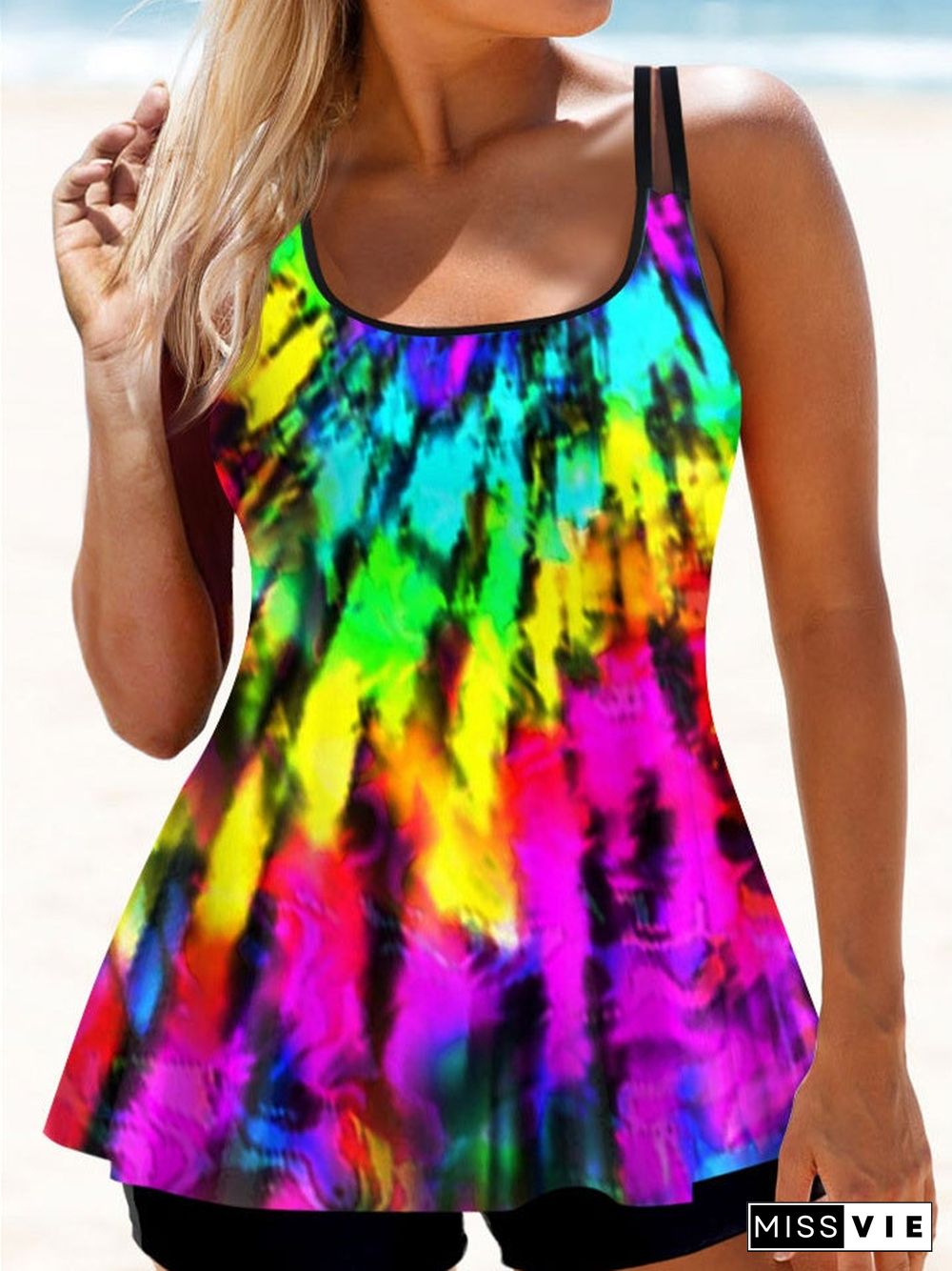 Plus Size Swimwear Sleeveless Colorblock Graphic Printed Tankini