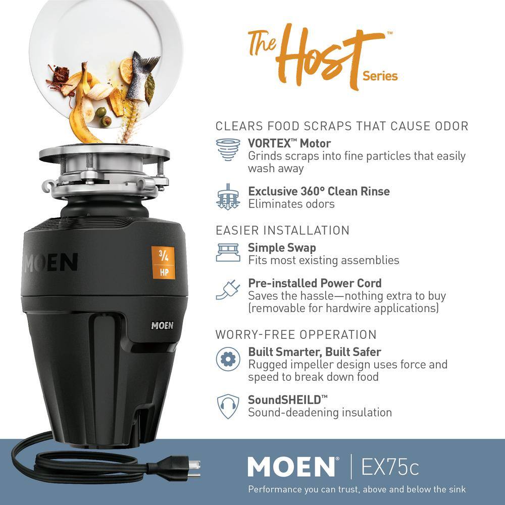 MOEN Host Series 34 HP Continuous Feed Space Saving Garbage Disposal with Sound Reduction and Universal Mount EX75C