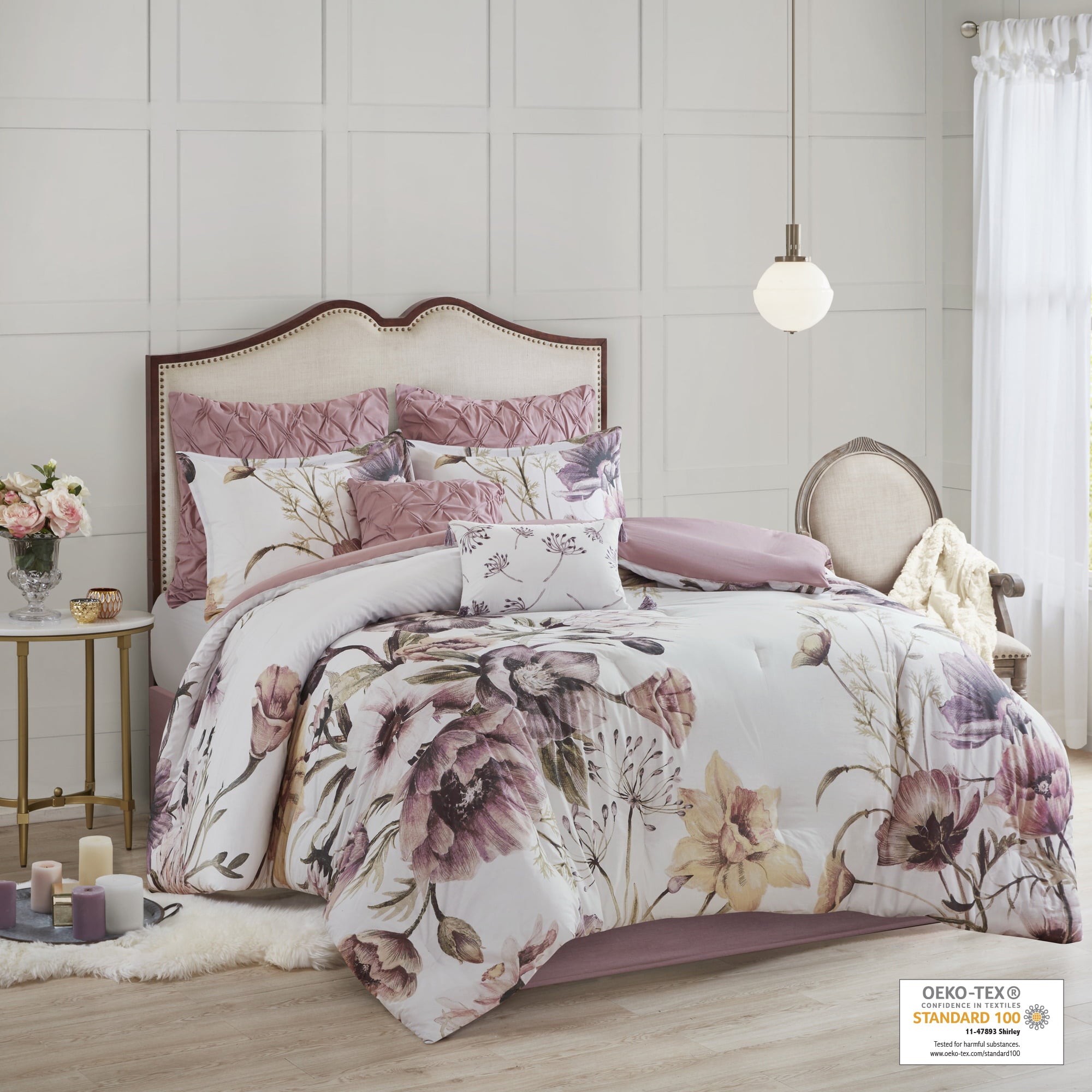 Home Essence Maddy 8 Piece Blush Cotton Floral Comforter Set， Queen