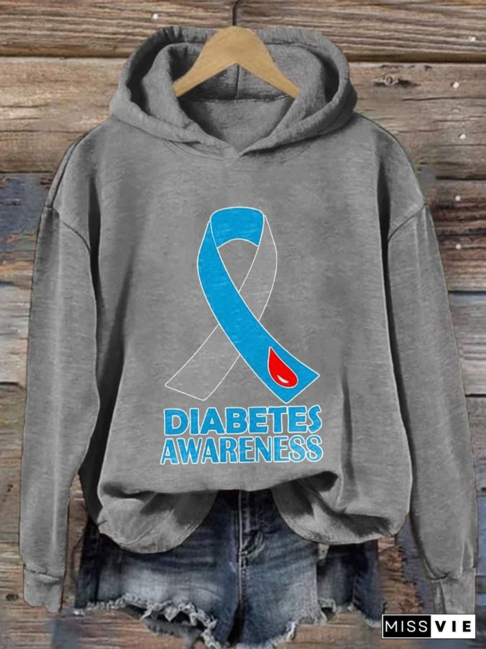 Women's Casual Diabetes Awareness Print Hoodie Long Sleeve Sweatshirt